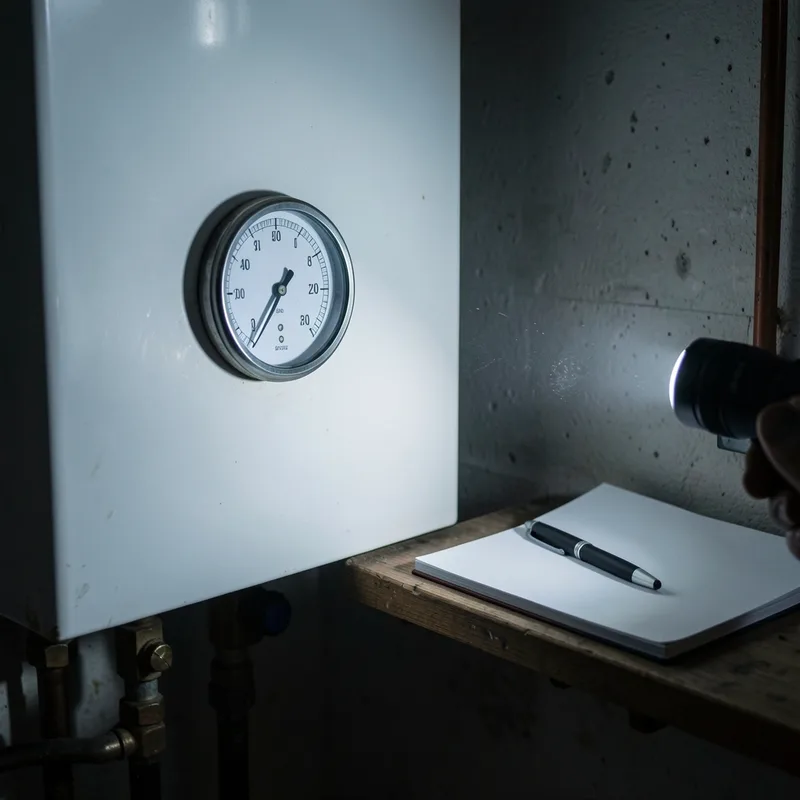 Manomètre de chaudière murale et carnet de notes éclairés par une lampe de poche dans un local technique sombre