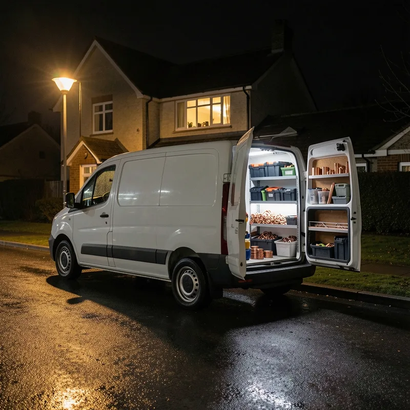 Fourgon d’artisan garé devant une maison individuelle la nuit, portes arrière ouvertes sur un rangement d’outils
