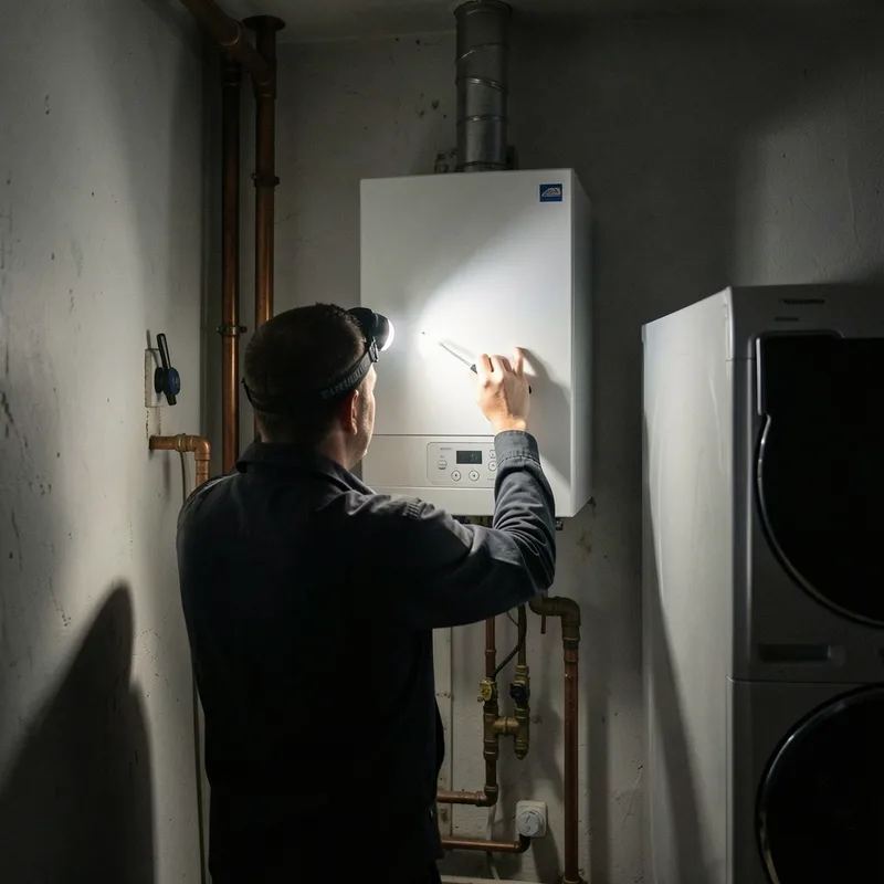 Technicien de dos, lampe frontale allumée, ouvrant le capot d’une chaudière murale dans une buanderie sombre