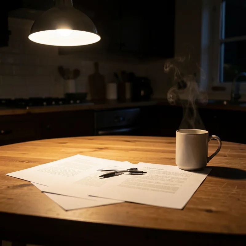 Facture et devis papier posés sur une table de cuisine à côté d’une tasse, éclairage chaud de lampe la nuit