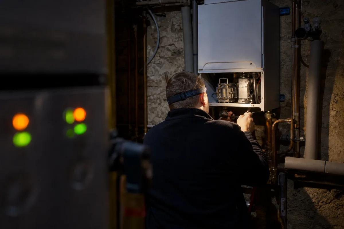 Technicien de nuit consultant le boîtier électronique d&rsquo;une chaudière gaz en sous-sol d&rsquo;immeuble