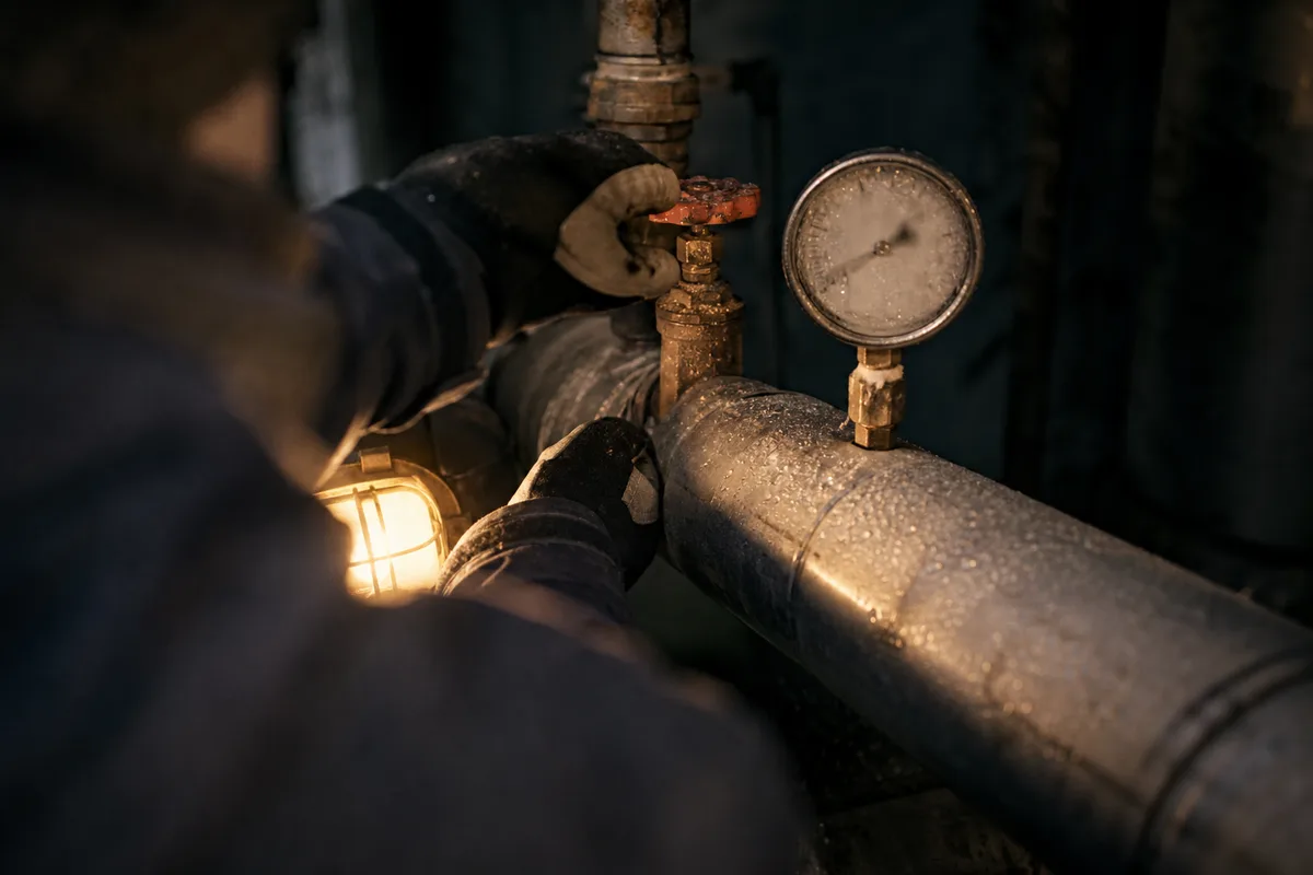 Mains gantées ajustant un manomètre de chaudière, lumière artificielle chaude sur fond sombre
