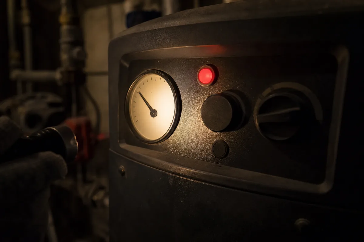 Manomètre et voyant de code erreur d&rsquo;une chaudière en panne pendant l&rsquo;astreinte de nuit