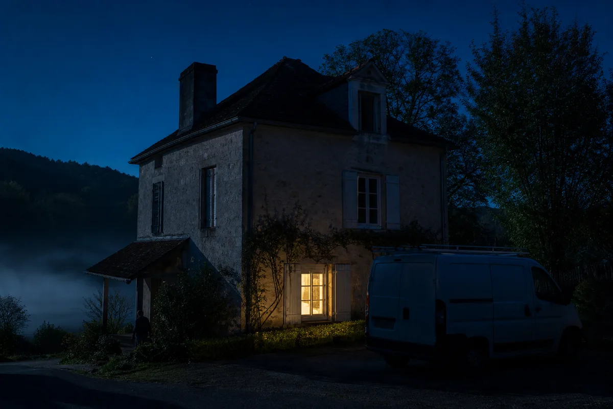 Maison en pierre de la vallée de la Dordogne éclairée la nuit lors d&rsquo;une intervention d&rsquo;astreinte