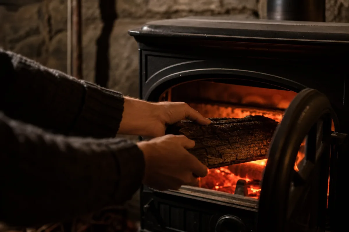 Poêle à bois et tuyauterie de chauffage éclairés par une lumière chaude nocturne