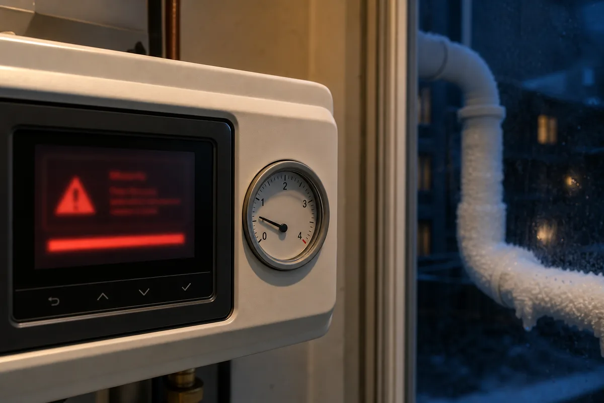 Écran de chaudière affichant un code erreur près d&rsquo;un tuyau de condensats givré, la nuit
