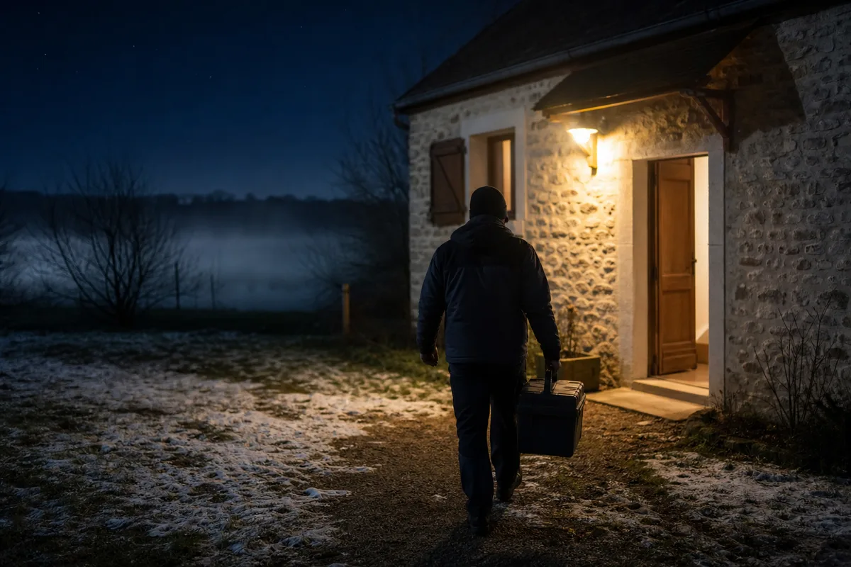 Silhouette d&rsquo;un chauffagiste d&rsquo;astreinte se dirigeant vers une maison la nuit, brouillard d&rsquo;étang en arrière-plan