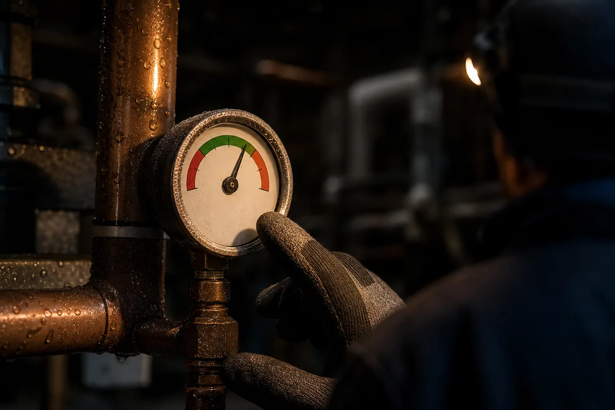 Manomètre de chaudière indiquant une pression correcte, éclairé par une lampe frontale