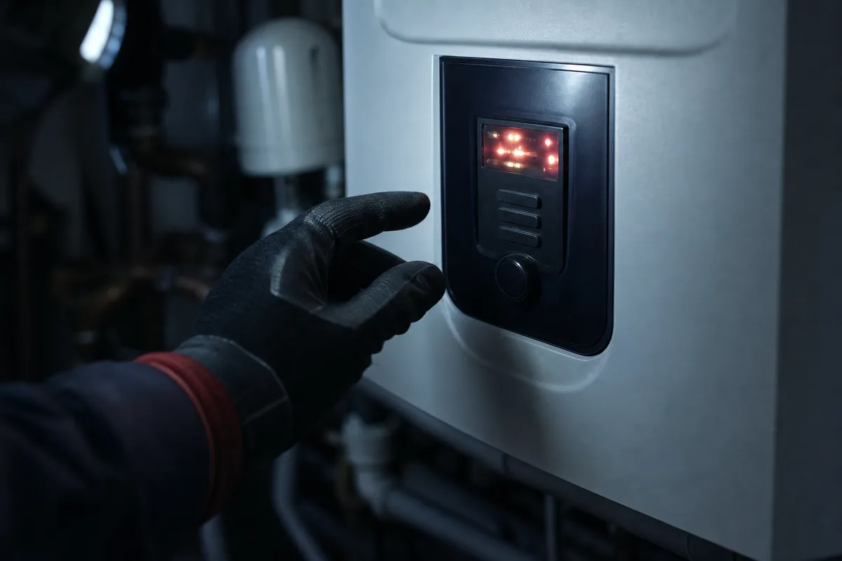 Chaudière murale à gaz éclairée par une lampe frontale dans un garage de lotissement, la nuit