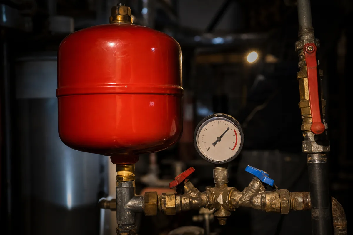 Manomètre et vase d&rsquo;expansion d&rsquo;une chaudière éclairés en lumière chaude la nuit