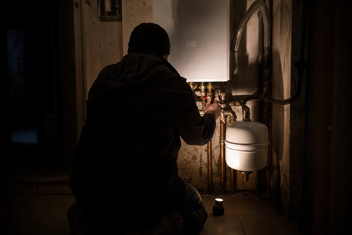 Silhouette de technicien de dos réglant une vanne de chaudière la nuit