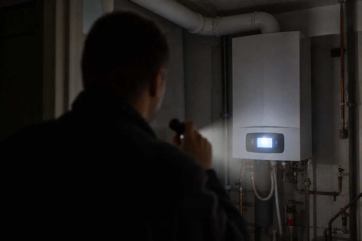Technicien de dos consultant l’écran de codes erreur d’une chaudière la nuit, silhouette éclairée par une lampe torche